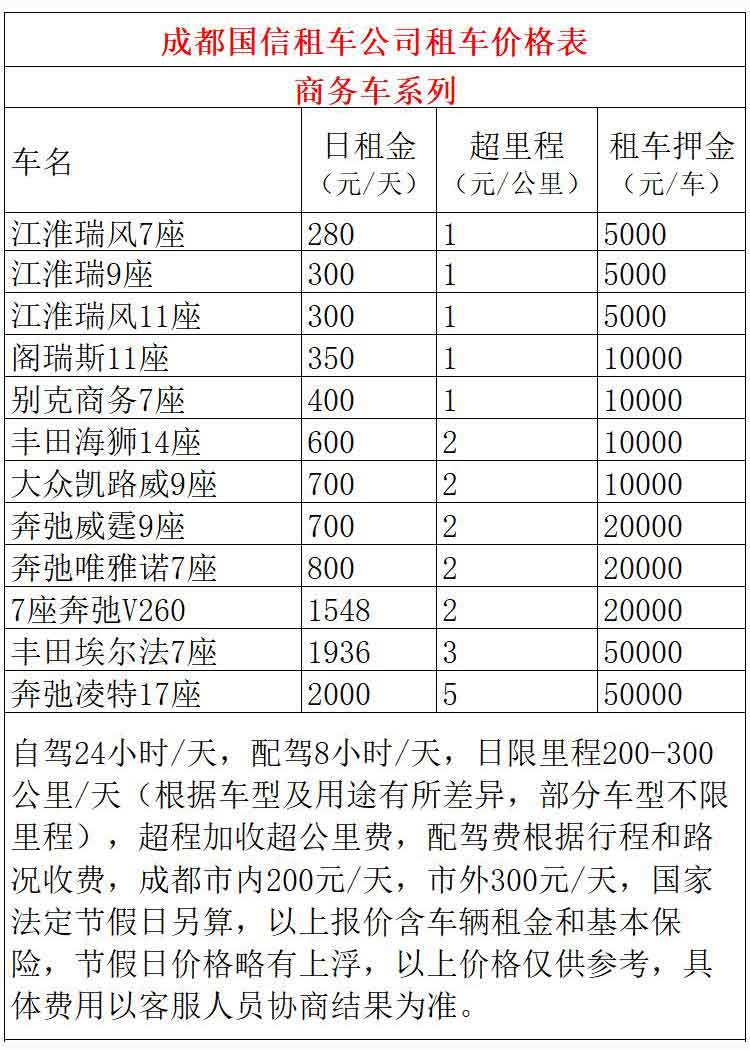 乌鲁木齐国信租车提供的乌鲁木齐租商务车价格表